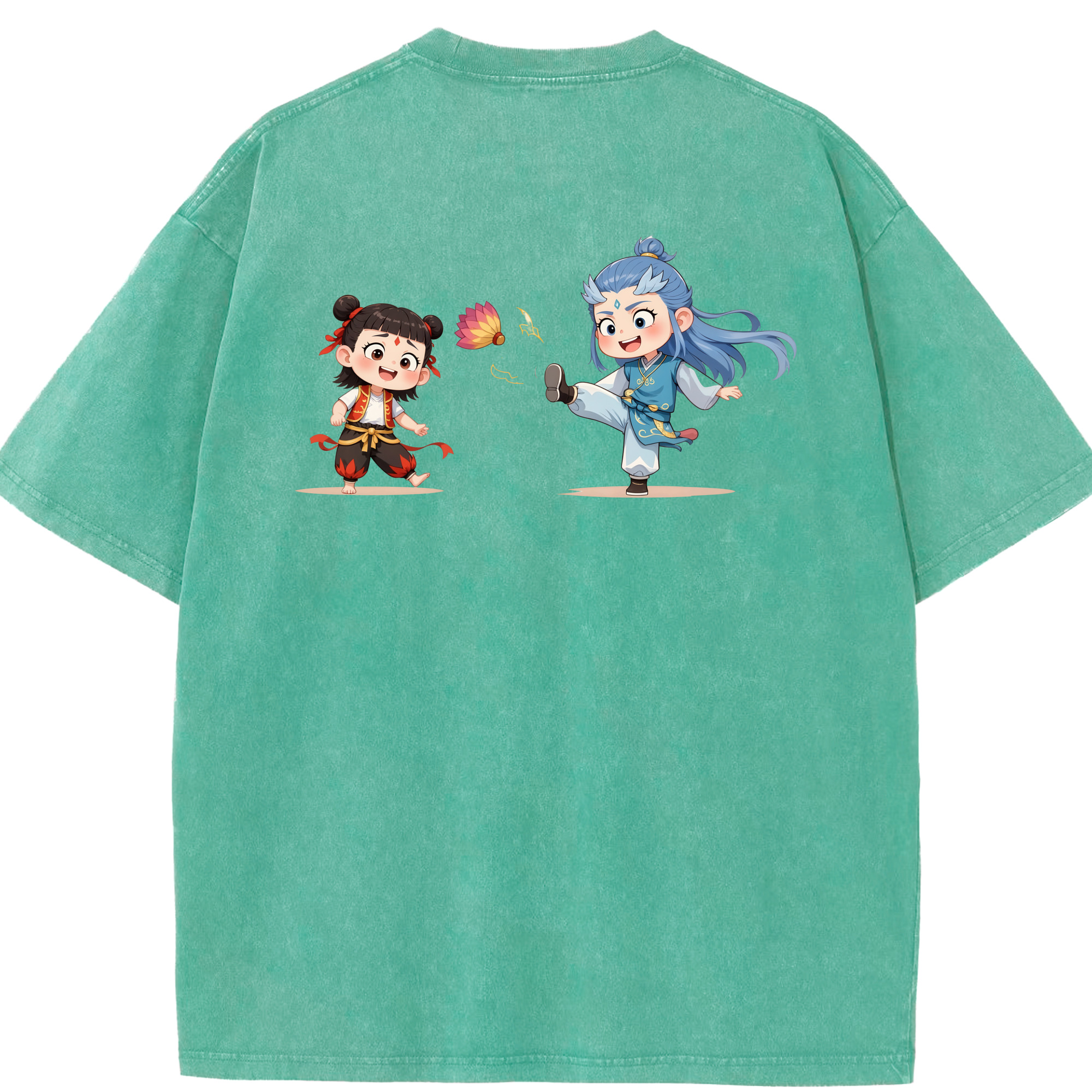 （画像用） Ne Zha 2 ナタ 魔童の大暴れ 綿100% ヴィンテージ風 半袖Tシャツ（背面プリント）